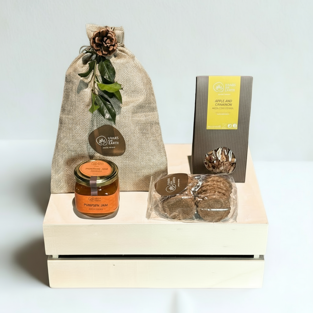 Cabaz de Natal Gourmet Doce Natal com compota artesanal, bolachas e tisana em saco de juta