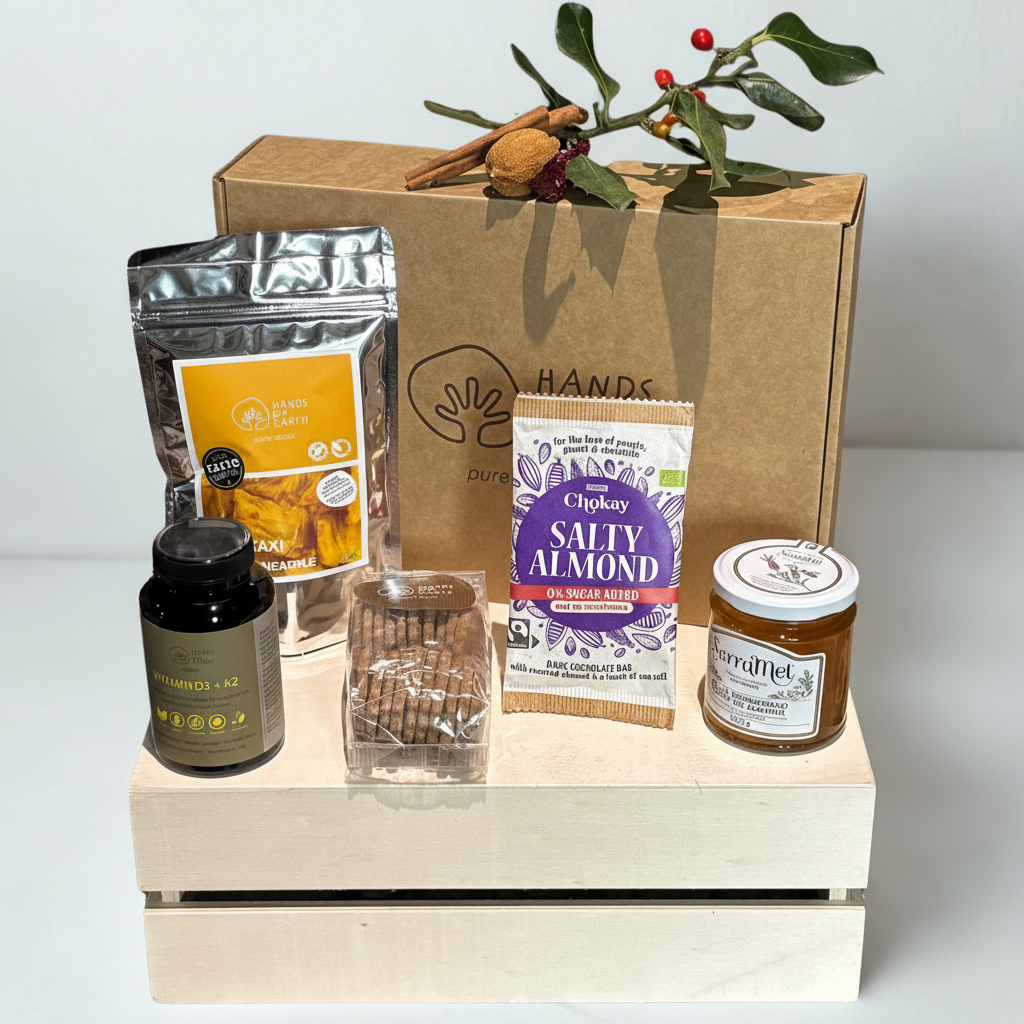 Cabaz de Natal Doce Tradição com chocolate, mel, bolachas e abacaxi desidratado