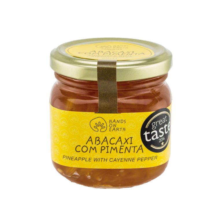 Compota artesanal de abacaxi com pimenta 200g Hands on Earth – natural, sem conservantes, feita com frutas frescas e malagueta, premiada no Great Taste Award.