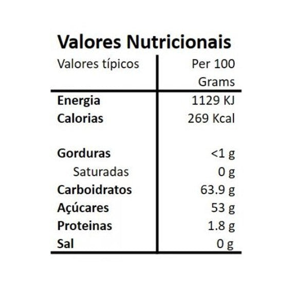 Tabela nutricional e lista de ingredientes da Compota Artesanal de Marmelo com pinhões Hands on Earth 200g