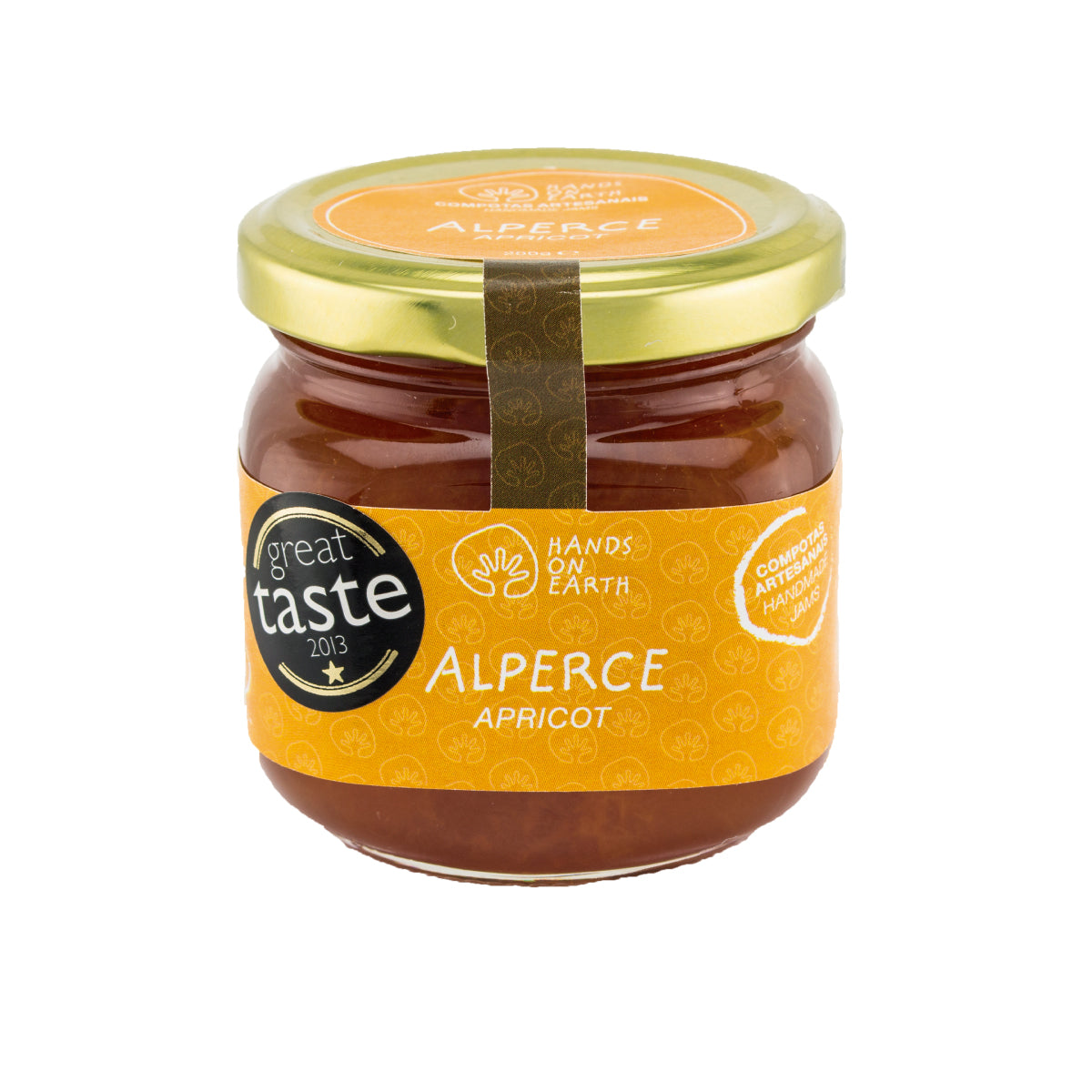 Compota artesanal de alperce 200g Hands on Earth – natural, sem conservantes, feita com frutas frescas, premiada no Great Taste Award.
