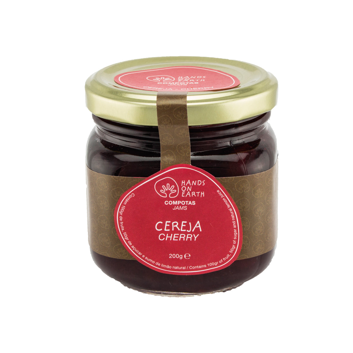 Compota artesanal de cereja 200g Hands on Earth – natural, sem conservantes, feita com frutas frescas.
