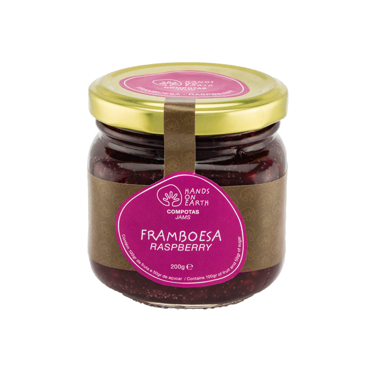 Compota artesanal de framboesa 200g Hands on Earth – natural, sem conservantes, feita com frutas frescas.