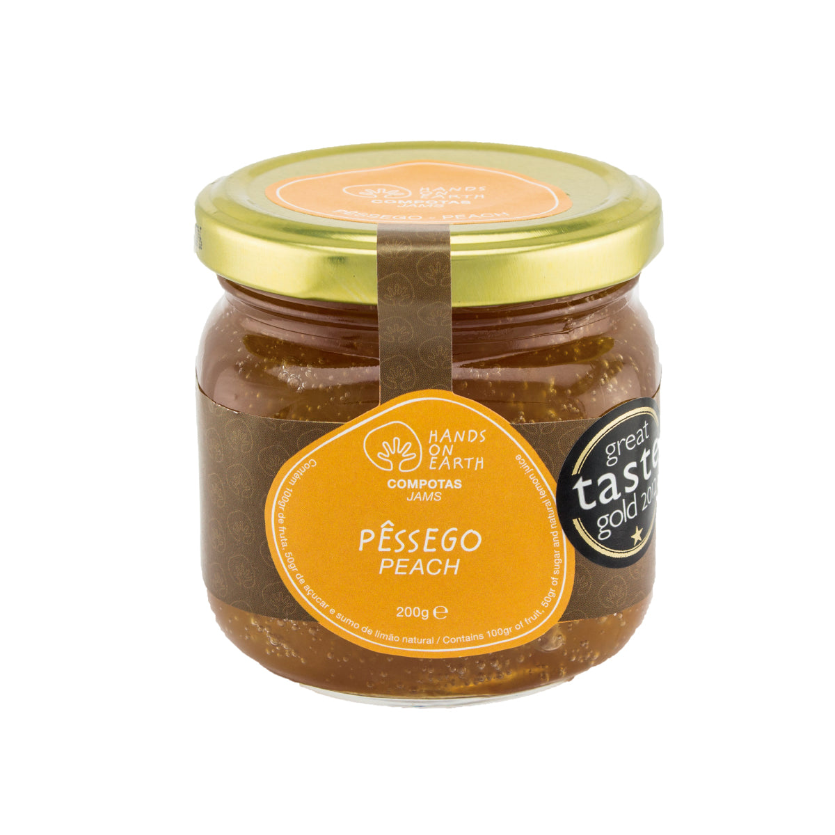 Compota premiada artesanal de pêssego 200g Hands on Earth – natural, sem conservantes e feita com frutas frescas.