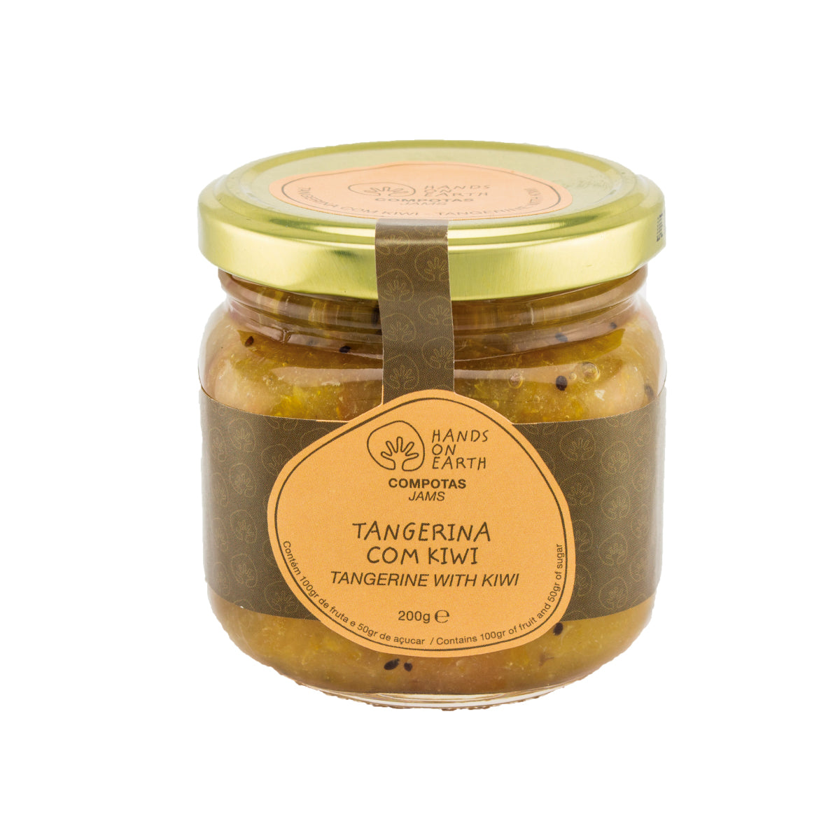 Compota artesanal de tangerina com kiwi 200g Hands on Earth – natural, sem conservantes e feita com frutas frescas.