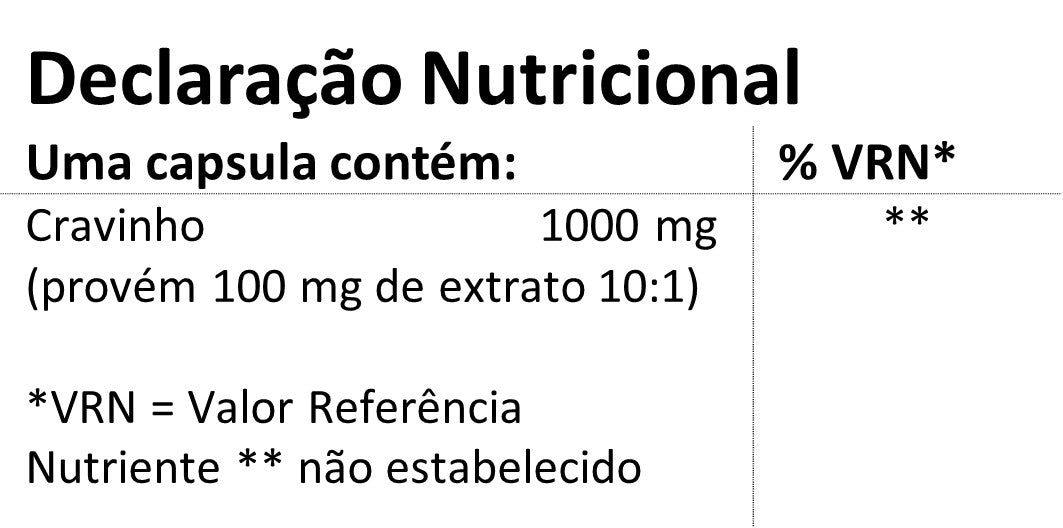 Informação nutricional do suplemento Cravinho 1000mg da Hands on Earth, cápsulas de fácil ingestão.