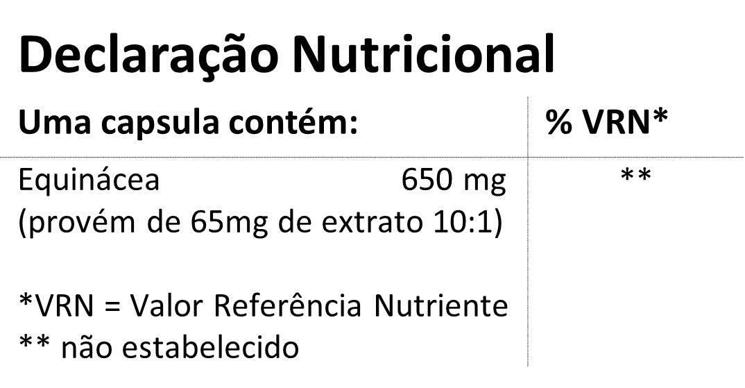 Nutritional information of the Hands on Earth Echinacea 650mg supplement, vegetable capsules for easy intake.