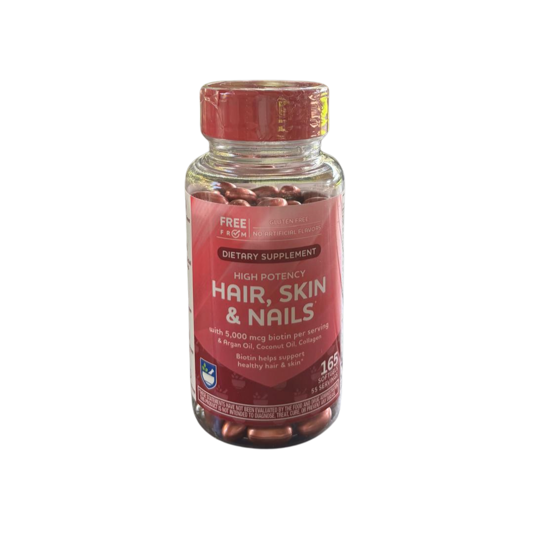 Front of the Hands on Earth Hair, Skin & Nails supplement bottle, 165 capsules for vitality and cellular protection.