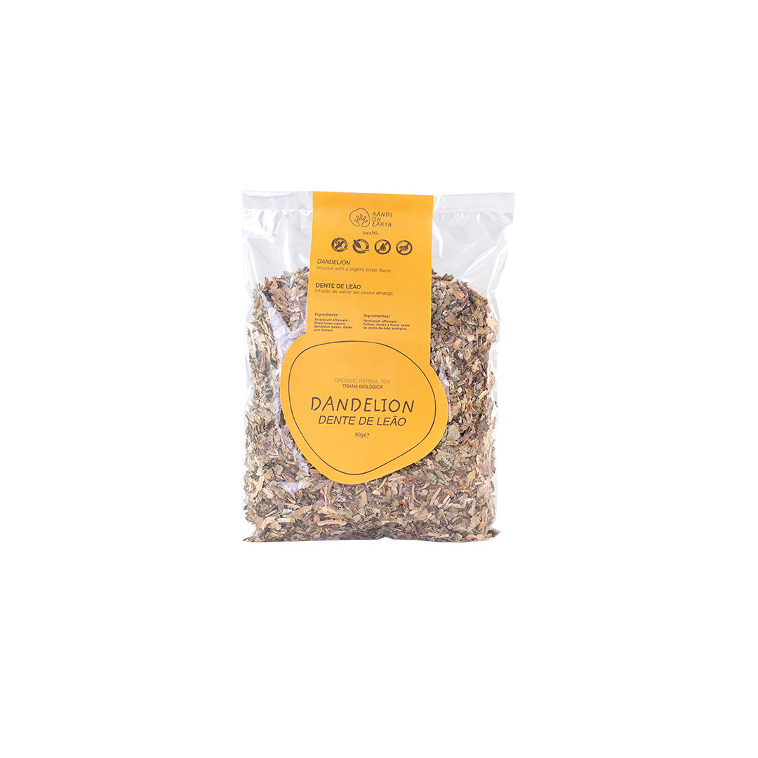 Organic Dandelion Herbal Tea, 50g bag, 40 caffeine-free cups, slightly bitter infusion, botanical name Taraxacum officinale.