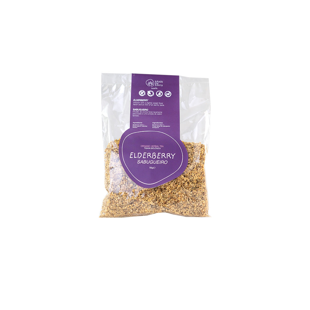 Organic Elderflower Herbal Tea, 40g box, 30 caffeine-free cups, slightly sweet floral infusion with a hint of earthy flavor, botanical name Sambucus nigra L.
