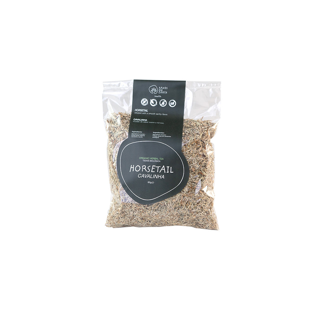 Organic Horsetail Tisane, 60g bag, 40 caffeine-free cups, smooth earthy infusion, botanical name Equisetum arvense.