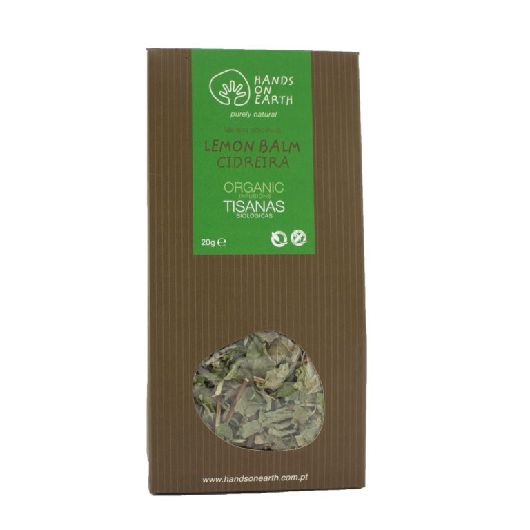 Organic Lemon Balm Herbal Tea – 24 caffeine-free cups, 20g box, light lemon-flavored infusion