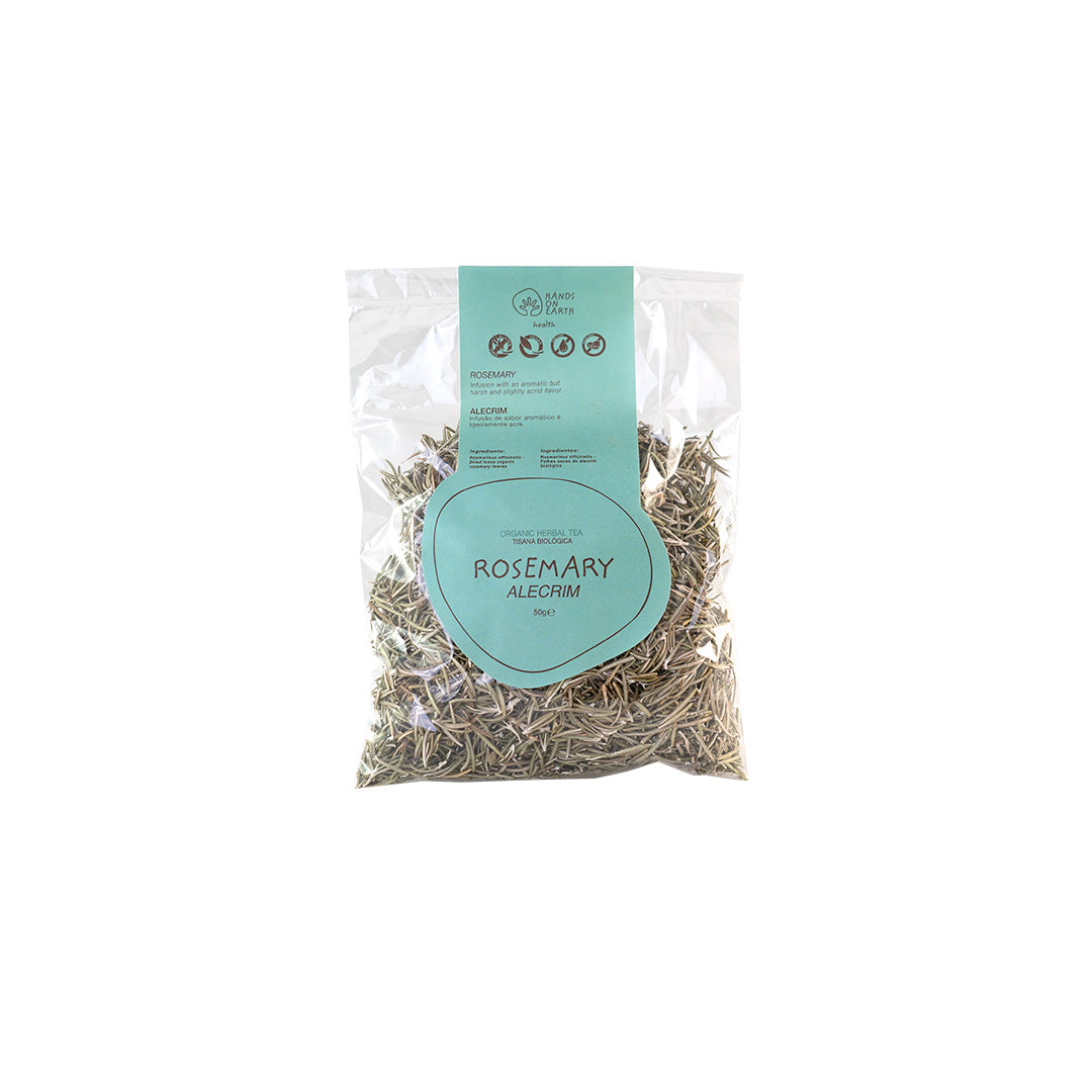 Organic Rosemary Herbal Tea, 50g box, 40 caffeine-free cups, aromatic infusion with slightly acrid flavor, botanical name Rosmarinus officinalis.