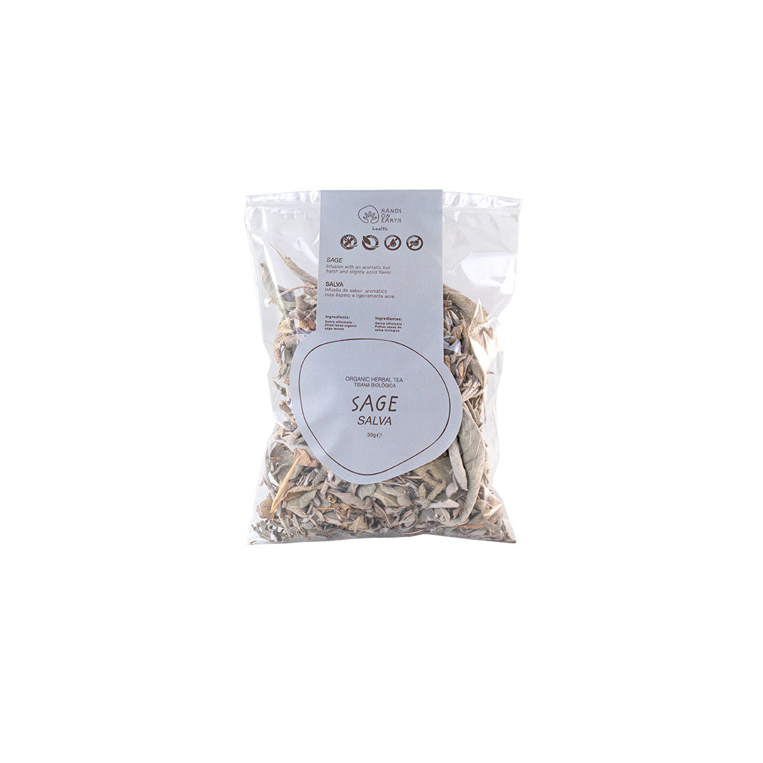 Organic Sage Herbal Tea – 40 caffeine-free cups, 30g box, aromatic infusion with slightly harsh and acrid flavor, botanical name Savia officinalis