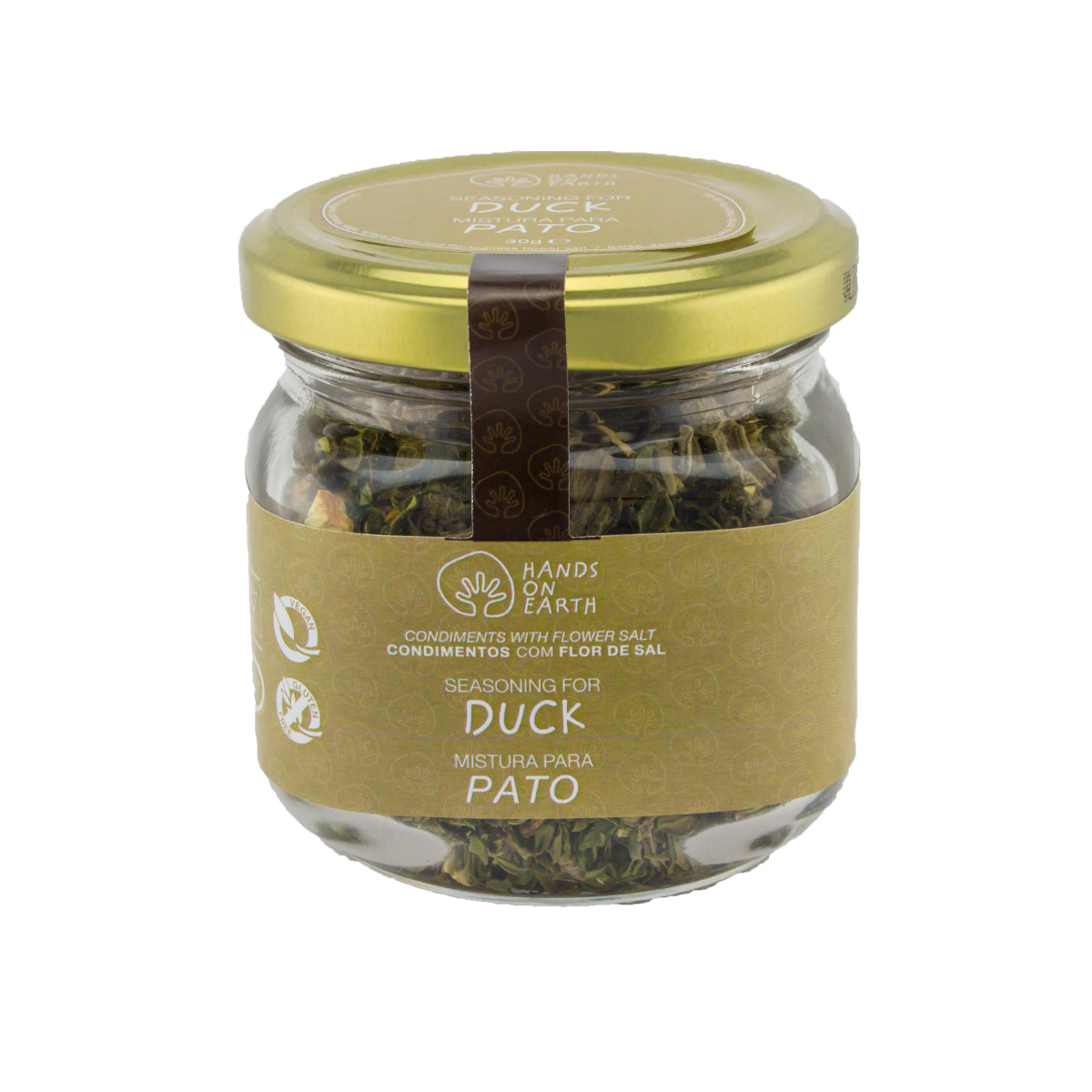 Frasco de mistura orgânica gourmet para pato com flor de sal da Hands on Earth