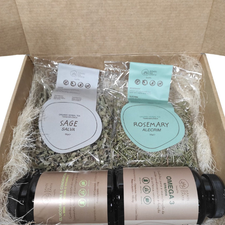 Conteúdo do Pack Presente Bem-Estar Articular e Muscular Hands on Earth com Glucosamina + Condroitina, Ómega-3 e tisana biológica