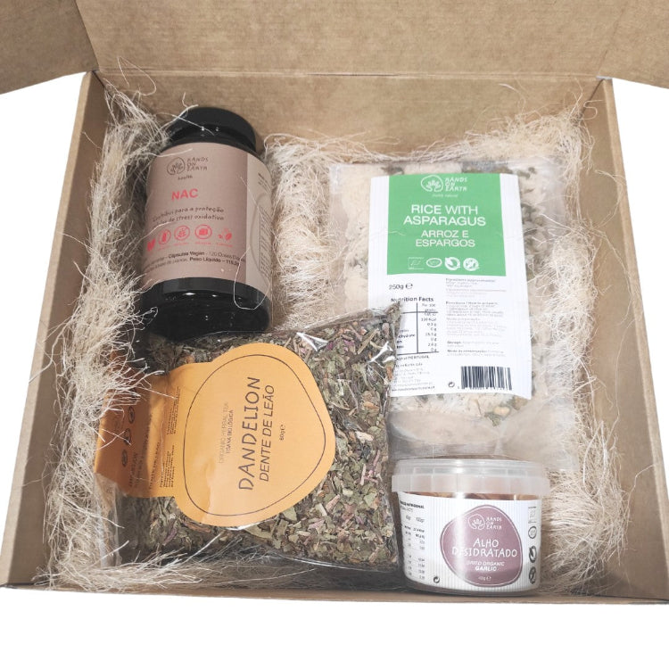 Conteúdo do Pack Presente Detox do Corpo Hands on Earth com N-Acetil-Cisteína, Tisana de Dente-de-Leão, Alho Desidratado e Arroz Biológico com Espargos
