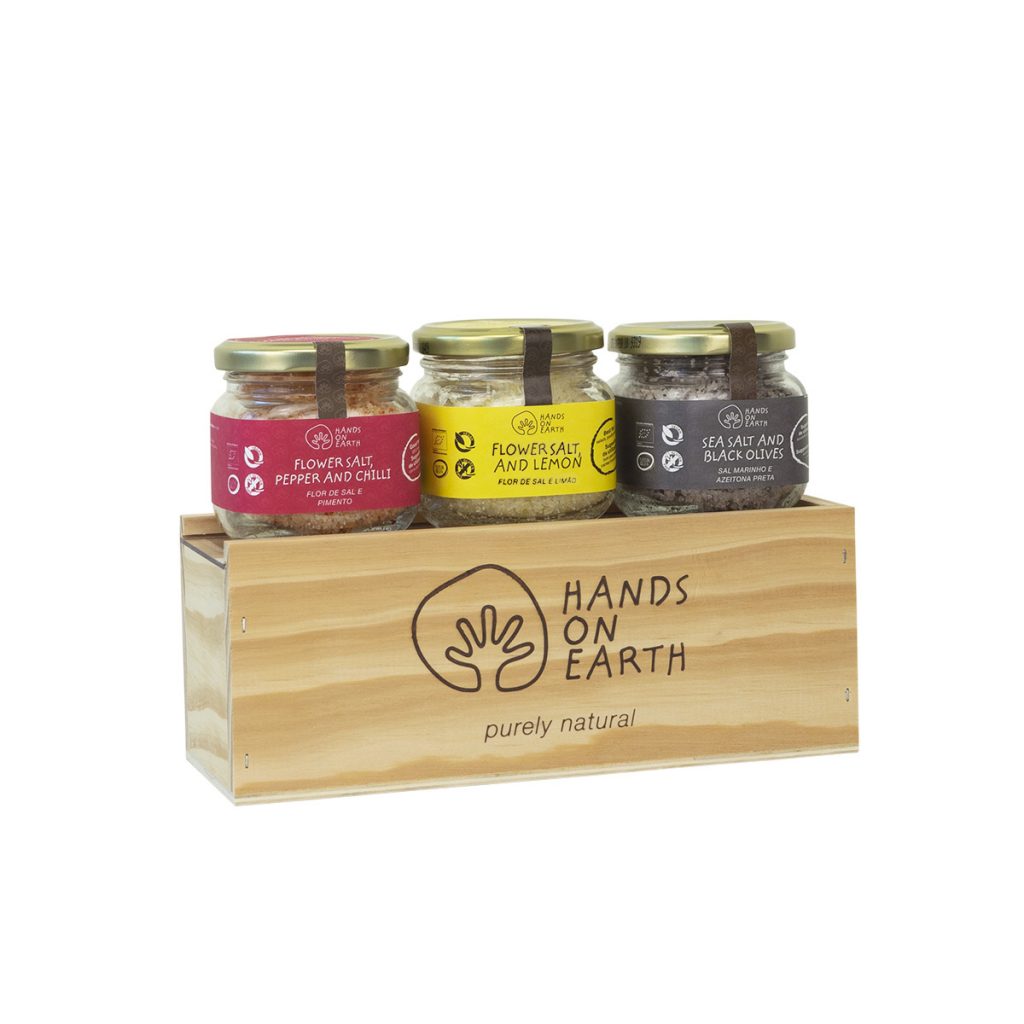 Pack Presente Flor de Sal Gourmet Hands on Earth em caixa de madeira