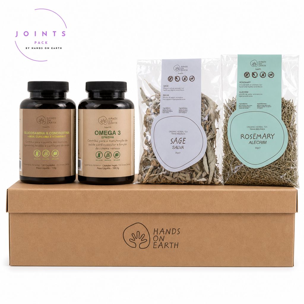 Pack Bem-Estar Articular e Muscular Hands on Earth com suplementos alimentares e tisanas biológicas