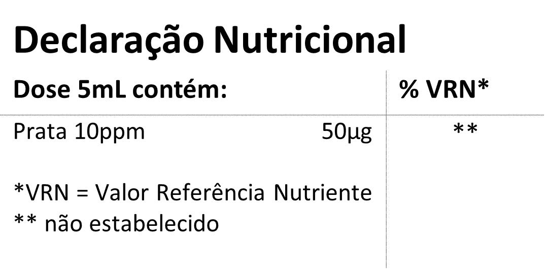 Informação nutricional do suplemento Prata Coloidal Bioactiva 10 PPM da Hands on Earth, 473 mL para ingestão diária segura