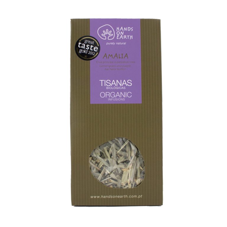 Tisana Amália Biológica Hands on Earth em caixa, infusão sem cafeína com erva-príncipe e perpétua-roxa, Great Taste Award