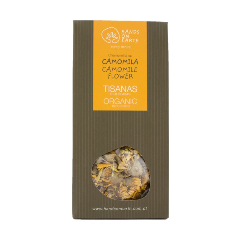 Tisana de Flor de Camomila Biológica Hands on Earth em caixa, infusão sem cafeína de Matricaria chamomilla