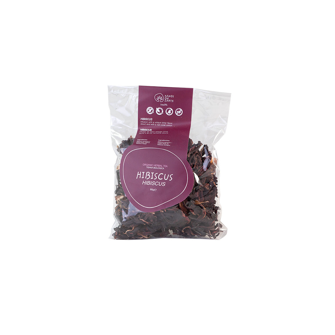Tisana de Flor de Hibisco Biológica Hands on Earth em saco, infusão sem cafeína de cor rubi intensa e aroma frutado