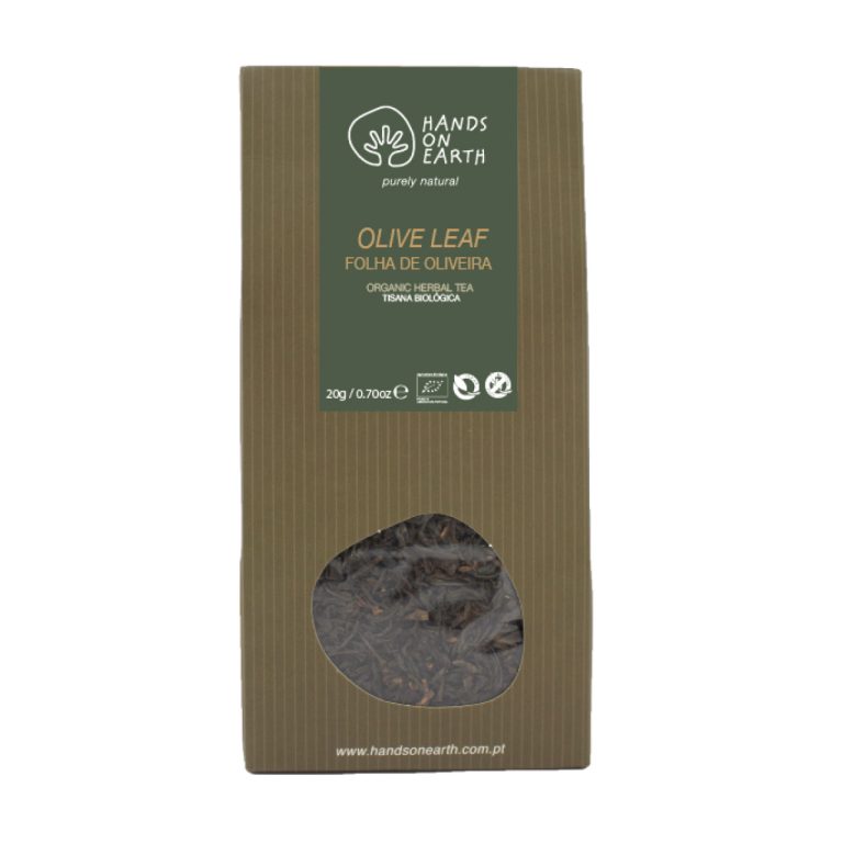 Tisana de Folha de Oliveira Biológica Hands on Earth em caixa, infusão sem cafeína de Olea europaea