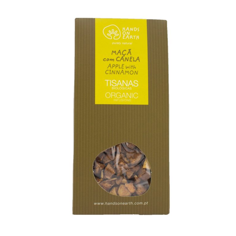 Tisana Maçã com Canela Biológica Hands on Earth em caixa, infusão sem cafeína com maçã e canela