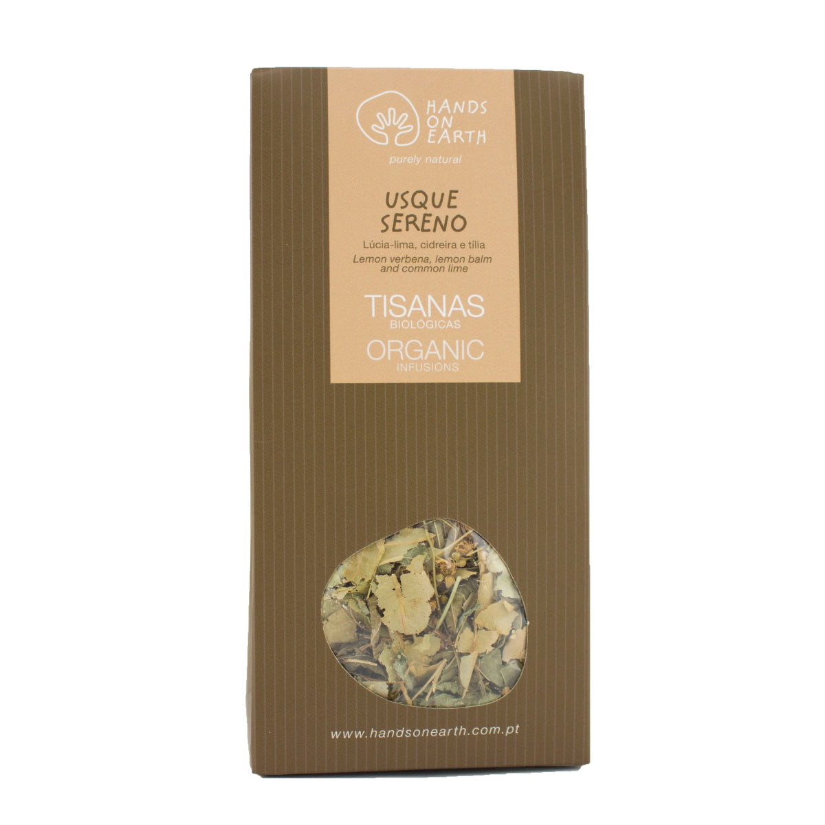 Tisana Usque Sereno Biológica Hands on Earth em caixa, infusão sem cafeína com erva-cidreira, lúcia-lima e tília